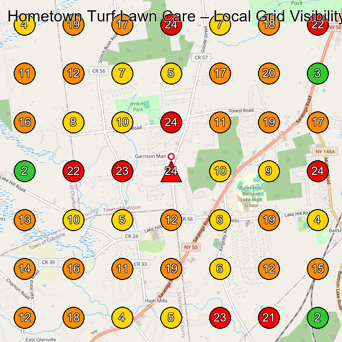 Hometown Turf Lawn Care Lawn Care Service GeoGrid ranking map for Burnt Hills NY